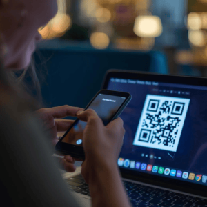 A traveler scanning a QR code with their phone to activate an eSIM card in an airport lounge