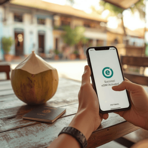 A traveler successfully activating their Phuket eSIM at a local cafe in Phuket Old Town