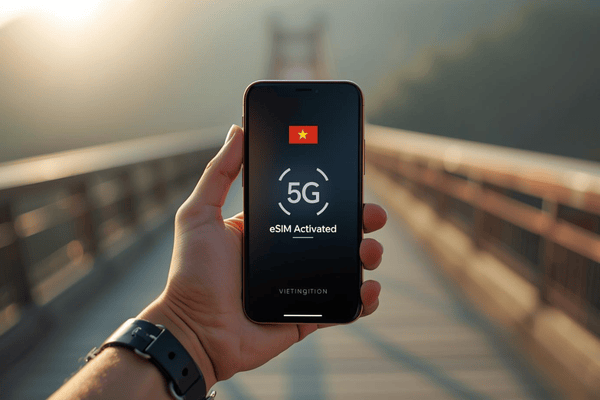 A traveler using a 5G eSIM Vietnam on a smartphone with the Da Nang Golden Bridge in the background