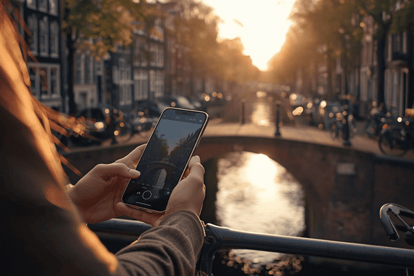 A traveler using a smartphone in front of a scenic Amsterdam canal and historic Dutch houses at sunrise
