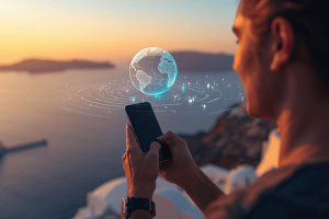 A traveler using a smartphone on a scenic Mediterranean balcony, featuring a digital globe overlay representing global eSIM connectivity