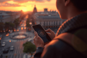 A traveler using a smartphone with a digital connection on a balcony overlooking Gran Vía in Madrid during sunset