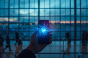 Close-up of a premium smartphone held in an airport terminal, displaying a glowing, digital signal that symbolizes instant eSIM connectivity with a blurred European city and aircraft in the background at dusk