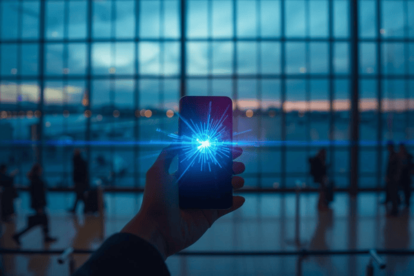 Close-up of a premium smartphone held in an airport terminal, displaying a glowing, digital signal that symbolizes instant eSIM connectivity with a blurred European city and aircraft in the background at dusk