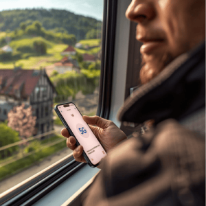 Close-up of a traveler holding a smartphone in a moving train in Europe, with bright '5G' signal bars shown on the screen against a sunlit, blurred view of the European countryside from the window