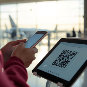 Close-up of a traveler scanning an eSIM QR code on a tablet using their smartphone in an airport