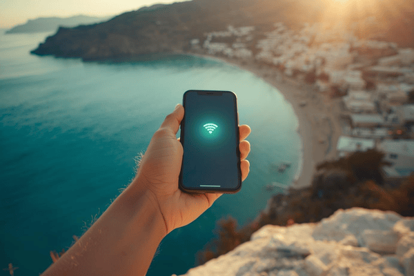 Hand holding a smartphone with a digital connection icon against the scenic backdrop of Ksamil beach, Albania