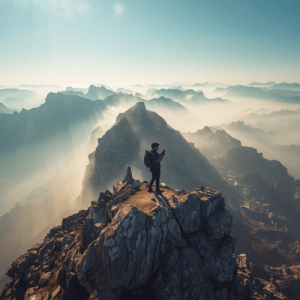 Hiker checking their mobile signal at the summit of the Valbona pass in the Albanian Alps