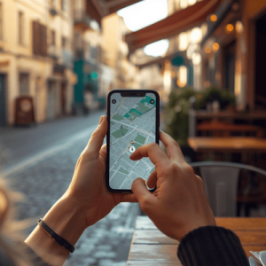 Person using a TravelSIM for navigation on a smartphone at a European outdoor cafe
