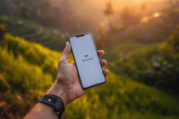 Smartphone showing an activated eSIM notification with a background of a tropical Balinese rice field at sunset