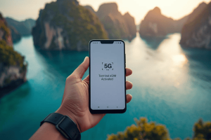 Traveler activating a Terminal eSIM on a smartphone with a 5G signal in front of the turquoise waters and limestone cliffs of El Nido, Philippines