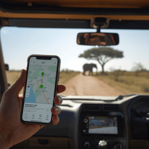 Using a smartphone for navigation in a South African safari vehicle, showing strong signal strength via eSIM