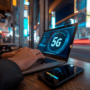 A digital nomad enjoying high-speed 5G connectivity via Terminal eSIM while working remotely in a major global city