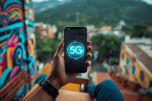 A digital nomad using a smartphone with a 5G connection icon in front of colorful street art in Medellin, Colombia
