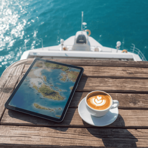 A digital tablet showing a Greek island map on a ferry deck, illustrating mobile coverage for island hopping in Greece