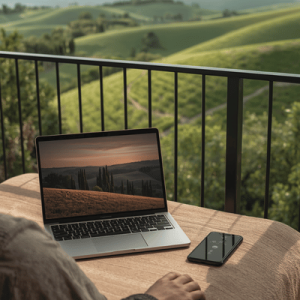 A laptop and smartphone setup for remote work on a balcony with a panoramic view of the Tuscan countryside