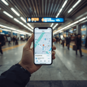 A person using a smartphone for navigation in the busy Osaka Umeda Station, powered by a reliable travel eSIM