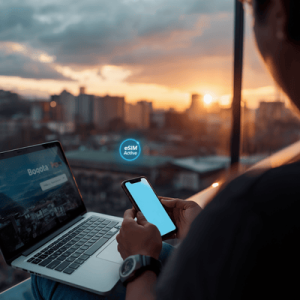 A person working remotely on a balcony overlooking the Bogota skyline with a reliable eSIM connection