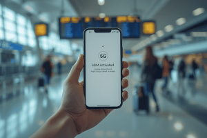 A smartphone showing a successful Simify eSIM activation notification in a busy international airport terminal, symbolizing seamless travel connectivity
