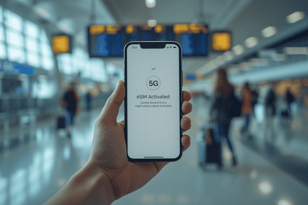 A smartphone showing a successful Simify eSIM activation notification in a busy international airport terminal, symbolizing seamless travel connectivity
