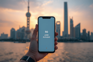 A smartphone showing a successful eSIM activation screen against the blurred Shanghai skyline and Pearl Tower at sunset