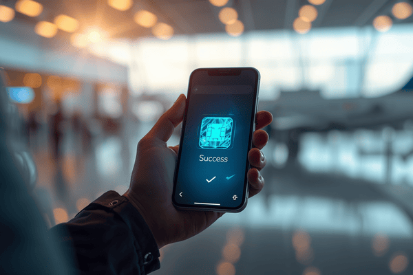 A traveler activating a Terminal eSIM on a smartphone at an airport, featuring a digital holographic icon and a sleek travel background