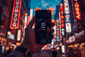A traveler holding a smartphone with an eSIM activation screen in front of the neon lights of Dotonbori, Osaka, symbolizing fast mobile data for Japan travel