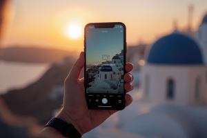 A traveler in Santorini holding a smartphone showing a 5G connection, representing eSIM for international travel