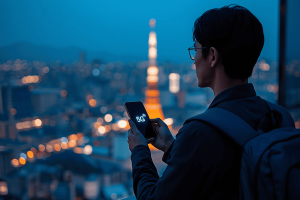 A traveler using a smartphone with 5G connectivity overlooking the Tokyo city skyline at night, representing global eSIM coverage