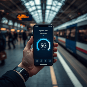 Close-up of a smartphone showing high-speed 5G data performance in a European train station using an international eSIM