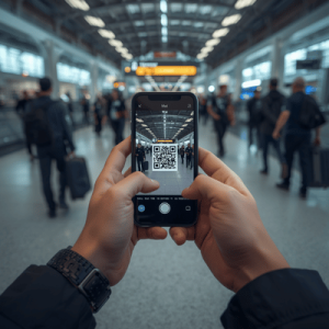 Close-up of a traveler scanning a QR code on their phone to activate an eSIM in an airport terminal