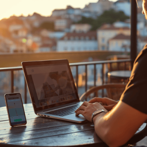 Digital nomad using high-speed mobile data on a smartphone at an outdoor cafe in Europe via a global eSIM