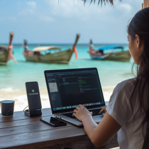 Digital nomad working remotely on an Indonesian beach using a stable eSIM data connection