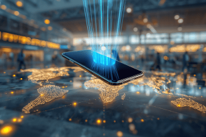 Holographic globe connecting to a floating smartphone, representing global eSIM connectivity for international travel