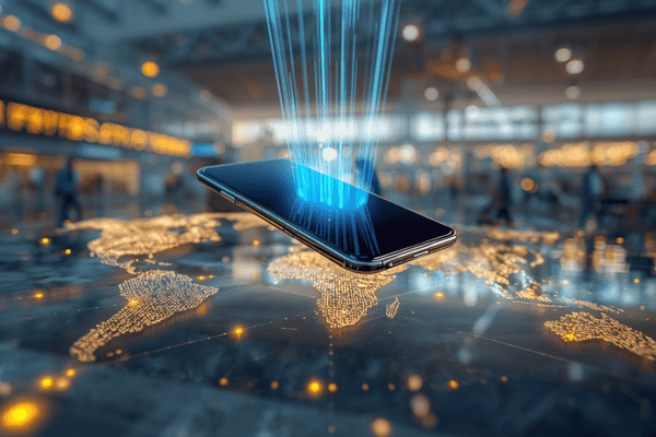 Holographic globe connecting to a floating smartphone, representing global eSIM connectivity for international travel