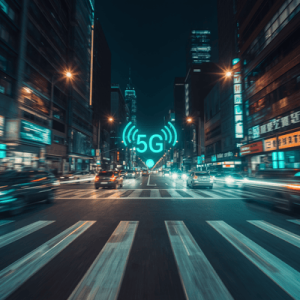 Neon-lit Shanghai street at night with a digital 5G overlay representing fast mobile data