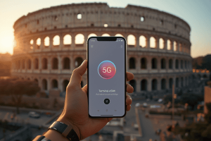 Person holding a smartphone with an activated eSIM notification in front of the Roman Colosseum during a golden sunset