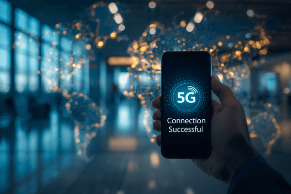 Traveler using a smartphone with 5G connectivity and a global network map background, representing fast eSIM activation