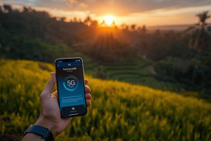 Traveler using a smartphone with 5G connectivity on a Bali rice terrace at sunrise, representing the best eSIM for Indonesia