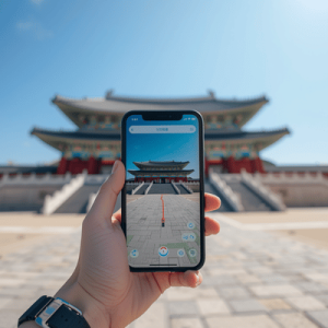 A POV shot of a traveler using a digital map on their phone to navigate Gyeongbokgung Palace in Seoul