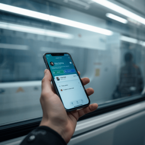 A close-up of a smartphone being used inside a Singapore MRT train to send text messages over a mobile data connection