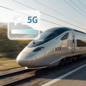 A high-speed KTX train in South Korea with a digital 5G signal overlay, representing fast mobile connectivity for travelers