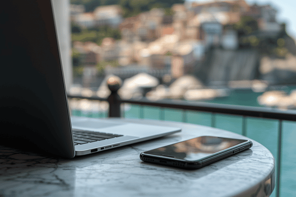 A laptop and smartphone on a cafe table overlooking the blurred coastline of Positano, Italy, representing the digital nomad lifestyle
