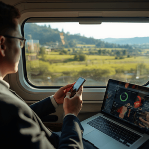 A remote worker using a smartphone and laptop while riding a high-speed train, showing seamless international data roaming