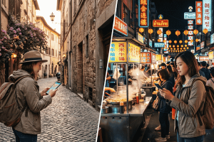 A split-screen image showing a female traveler looking at her phone map in a quiet European cobblestone alley on the left, and a bustling, neon-lit Asian night market on the right
