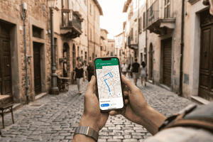 A traveler holding a smartphone with a navigation map on a European cobblestone street