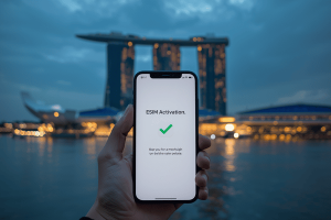 A traveler holding a smartphone with an active eSIM data plan in front of the illuminated Marina Bay Sands skyline in Singapore at dusk