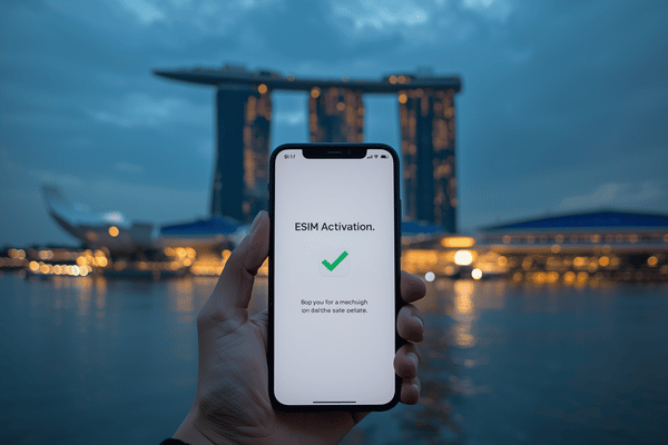 A traveler holding a smartphone with an active eSIM data plan in front of the illuminated Marina Bay Sands skyline in Singapore at dusk