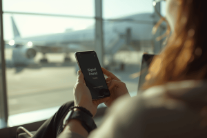A traveler sitting in a sunlit airport terminal holding a smartphone that shows a successful network connection with an airplane visible through the window in the background.