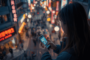 A traveler using a smartphone in the neon-lit Myeong-dong shopping district of Seoul, South Korea, representing mobile connectivity